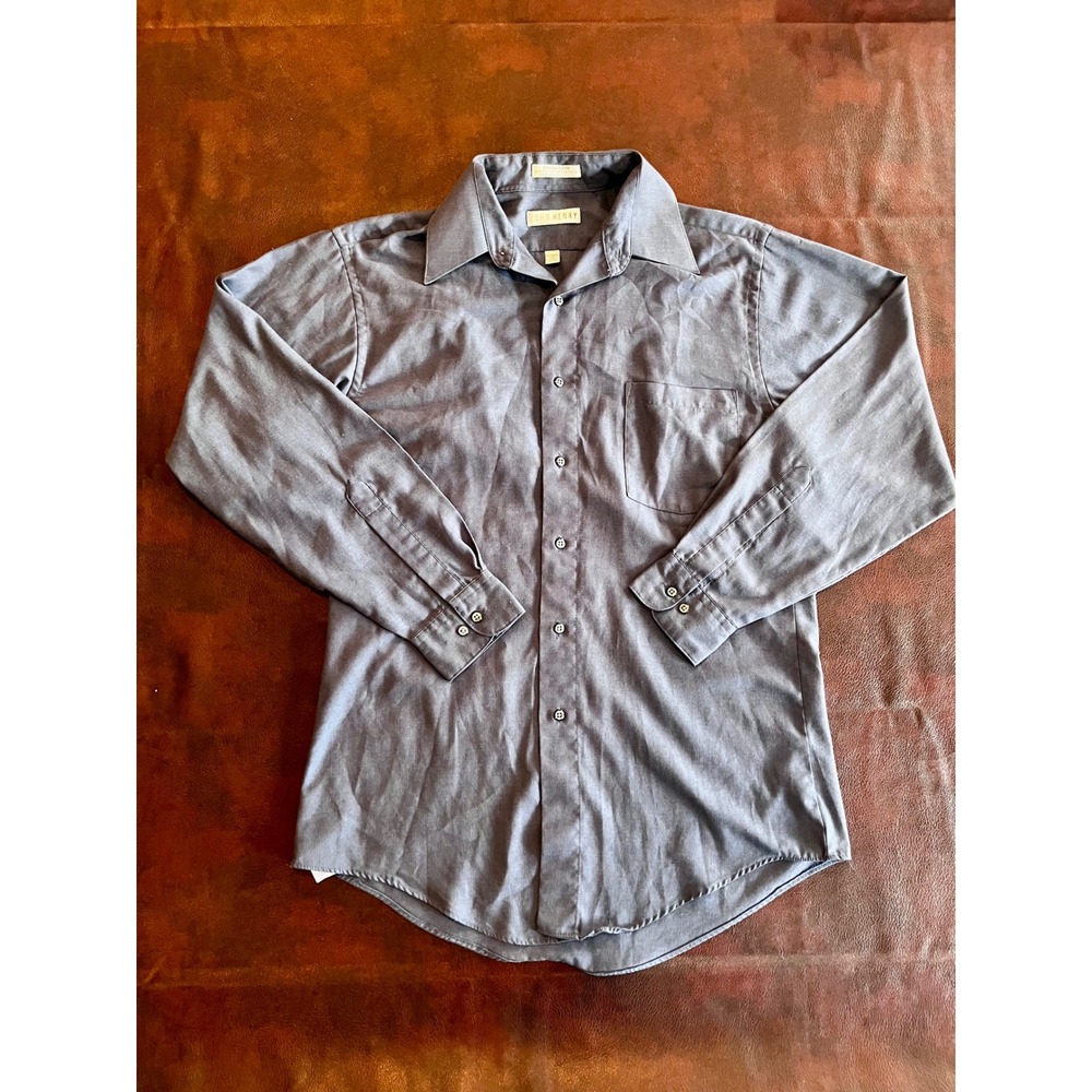 John Henry Mens Fitted Dress Shirt Blue Broadcloth Long Sleeve 15 32/33